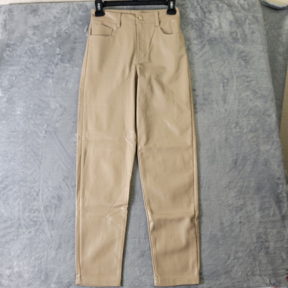 LBLC The Label Faux Leather Pants XS Tan Beige High Rise Ankle Straight Leg